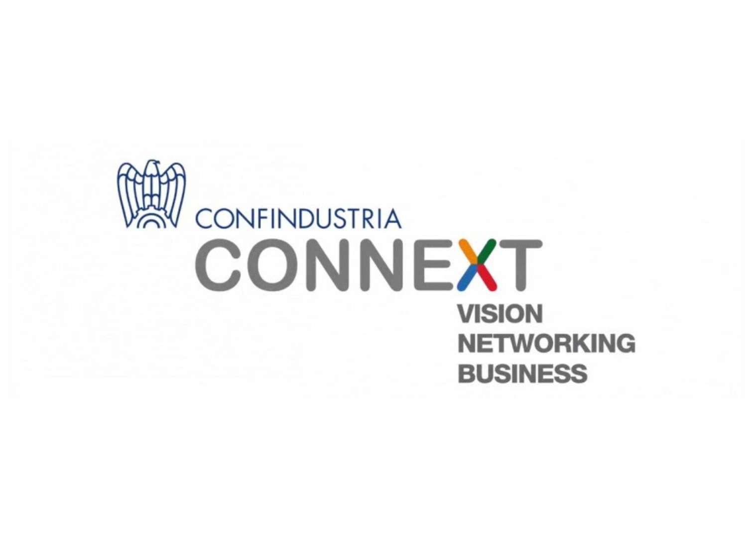 Logo “Confindustria Connext” con slogan “Vision Networking Business” su sfondo chiaro.