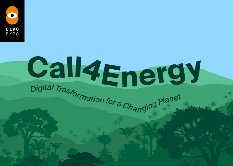 Scritta “European Digital Innovation Hub” su sfondo con bandiera europea. Locandina “Call4Energy” con tema ambientale. Sfondo verde con paesaggio naturale stilizzato e logo C1A0 Expo.