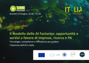 Locandina webinar su AI Factory in Italia. Mappa digitale dell’Italia con luci e testo informativo.