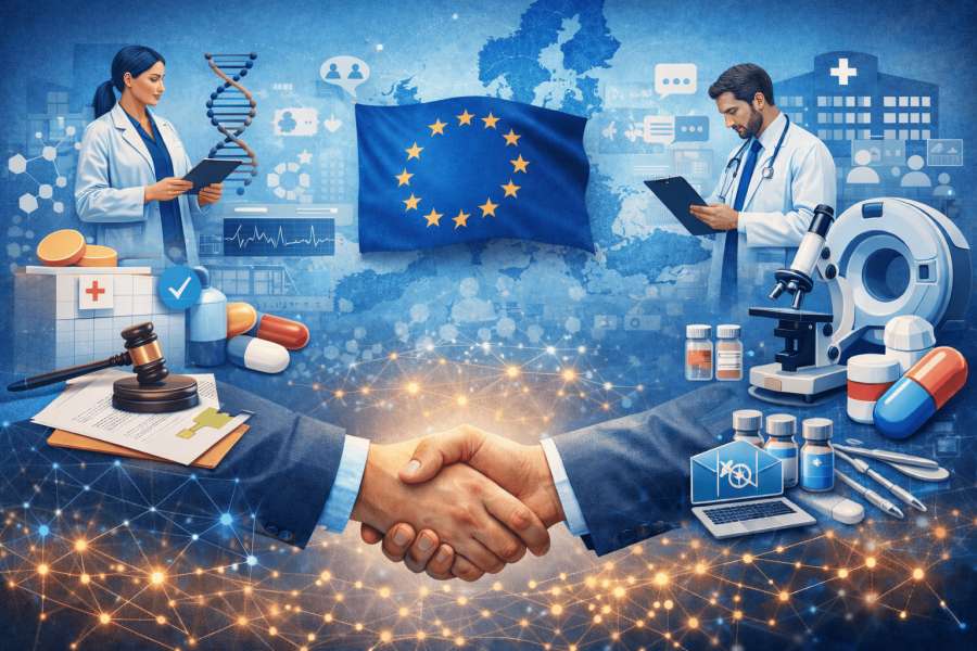 Stretta di mano con bandiera europea sullo sfondo. Elementi sanitari e medici attorno (medici, farmaci, microscopio).