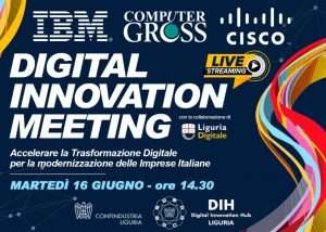 Locandina dell’evento “Digital Innovation Meeting”, con loghi aziendali e testo informativo .