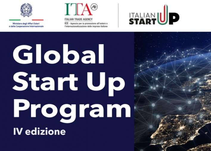 Locandina “Global Start Up Program – IV edizione” con loghi istituzionali e immagine satellitare con rete digitale.