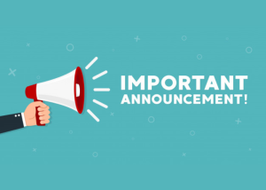 Grafica con megafono e scritta “Important Announcement” su sfondo colorato.