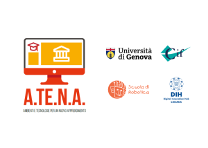 Grafica del progetto A.TE.N.A. con loghi di Università di Genova, Fondazione CIF Formazione, Scuola di Robotica e DIH Liguria.