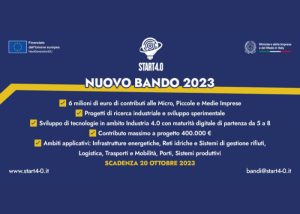 Locandina del bando START 4.0 – Nuovo Bando 2023, con informazioni su finanziamenti per progetti di ricerca e sviluppo nelle tecnologie Industria 4.0, con loghi UE e istituzionali.