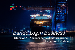 Grafica del “Bando LogIN Business” con porto container e testo informativo sulla digitalizzazione logistica.