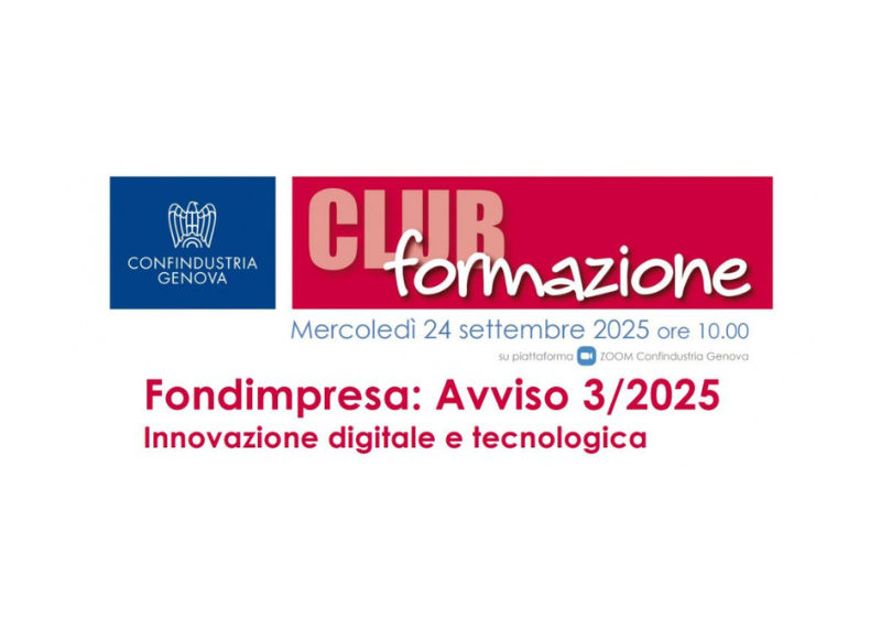 Locandina “Club Formazione” di Confindustria Genova su Fondimpresa, con testo informativo su sfondo colorato.