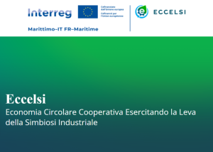Loghi Interreg ed Eccelsi su sfondo verde-blu. Testo su progetto di economia circolare e simbiosi industriale.