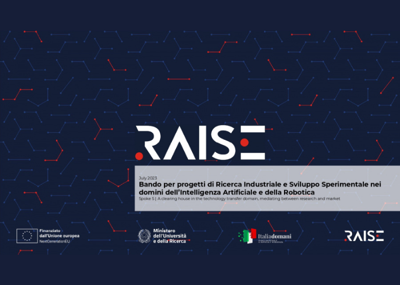 Locandina del bando RAISE su intelligenza artificiale e robotica con loghi istituzionali.