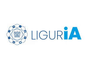 Logo “LigurIA” con simbolo tecnologico e icone digitali su sfondo chiaro.