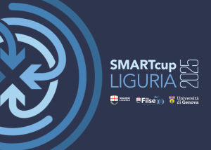 Banner “SMARTcup Liguria 2020” con logo e marchi degli enti promotori su sfondo blu.