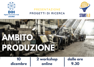 Locandina di workshop “Ambito Produzione” con impianto industriale, testo informativo e loghi.