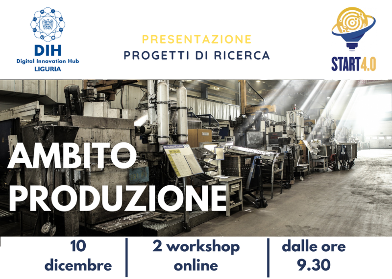 Locandina di workshop “Ambito Produzione” con impianto industriale, testo informativo e loghi.