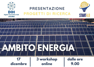 Locandina di workshop “Ambito Energia” con pannelli solari, testo informativo e loghi.