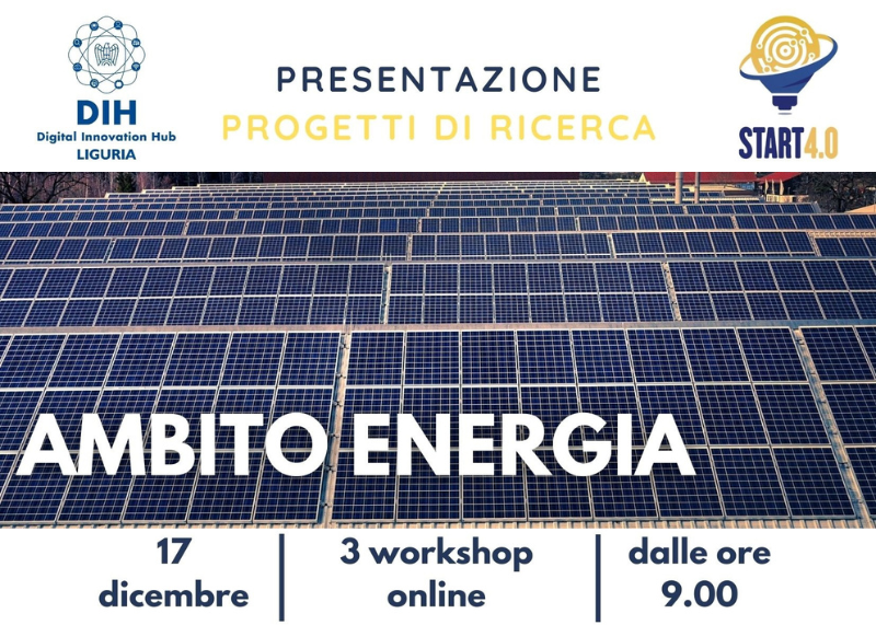 Locandina di workshop “Ambito Energia” con pannelli solari, testo informativo e loghi.