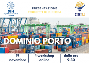 Locandina di workshop “Dominio Porto” con terminal container, testo informativo e loghi.