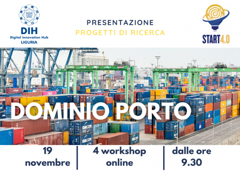 Locandina di workshop “Dominio Porto” con terminal container, testo informativo e loghi.