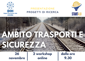 Locandina di workshop “Ambito Trasporti e Sicurezza” con binari ferroviari, testo informativo e loghi.