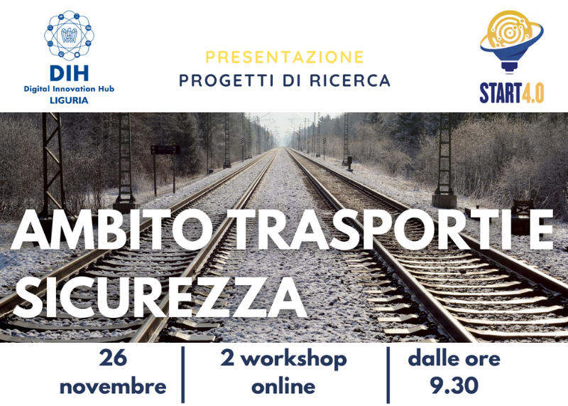 Locandina di workshop “Ambito Trasporti e Sicurezza” con binari ferroviari, testo informativo e loghi.