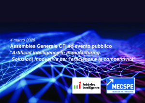 Locandina evento su intelligenza artificiale nel manufacturing. Sfondo con rete digitale e linee luminose.
