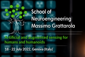 Locandina di scuola internazionale di neuroingegneria. Sfondo tecnologico con albero stilizzato e nodi luminosi.