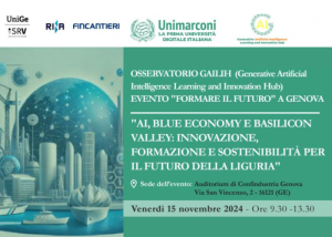 Locandina dell’evento a Genova su AI, blue economy e innovazione sostenibile per il futuro della Liguria (15 novembre 2024).