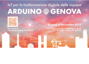 Locandina dell’evento “Arduino @ Genova” sull’IoT, con testo informativo e skyline stilizzato.