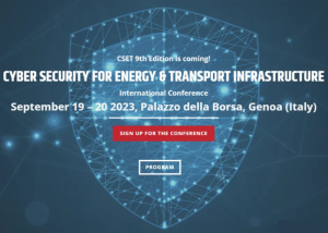 Locandina di conferenza sulla cybersecurity per energia e trasporti. Sfondo blu con scudo digitale e rete di connessioni.