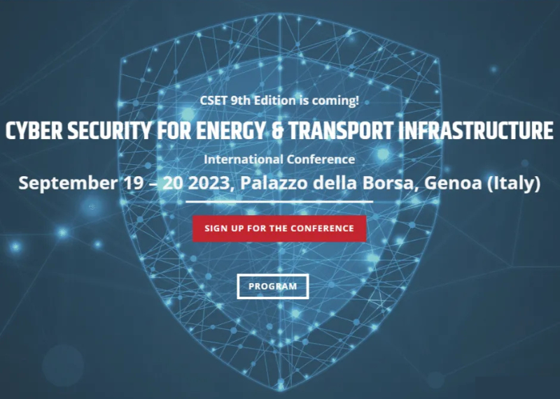 Locandina di conferenza sulla cybersecurity per energia e trasporti. Sfondo blu con scudo digitale e rete di connessioni.
