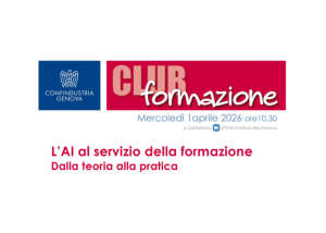 Locandina “Club Formazione” di Confindustria Genova sull'intelligenza artificiale, con testo informativo su sfondo colorato.