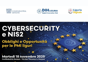 Locandina del evento su cybersecurity e NIS2. Sfondo tecnologico con simbolo dell’Unione Europea.
