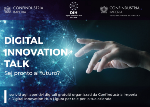 Locandina “Digital Innovation Talk” con mano stilizzata e rete digitale, testo informativo e loghi.