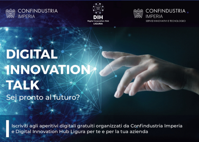 Locandina “Digital Innovation Talk” con mano stilizzata e rete digitale, testo informativo e loghi.