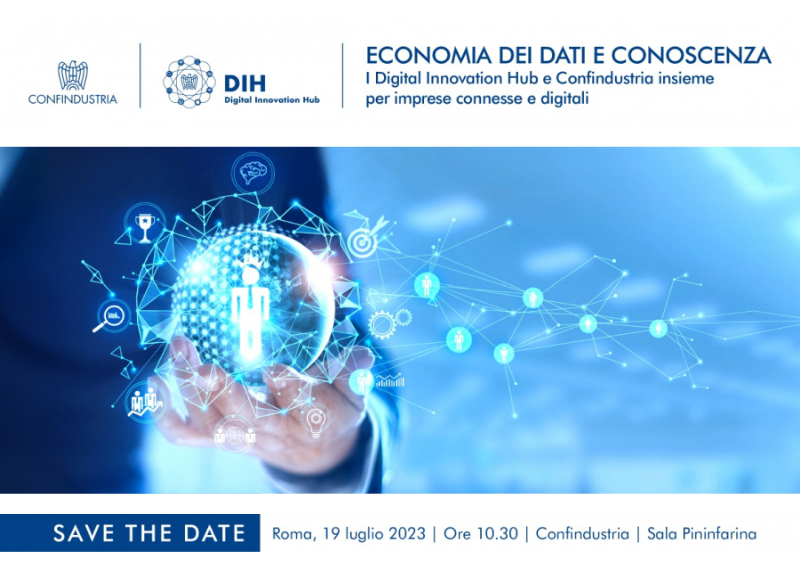 Locandina dell’evento “Economia dei dati e conoscenza” (Roma, 19 luglio 2023) sui Digital Innovation Hub e la trasformazione digitale delle imprese.