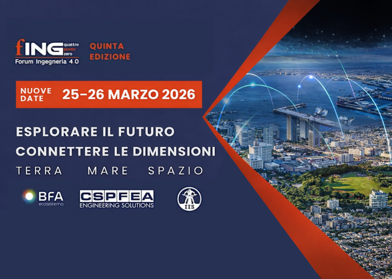 Locandina evento fING Forum Ingegneria 4.0. Città tecnologica con connessioni digitali e testo su esplorare il futuro.