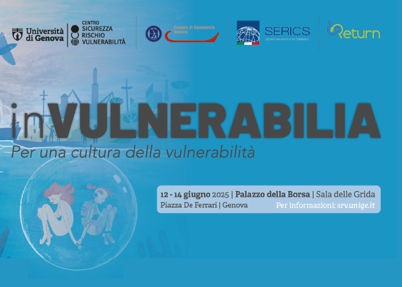 Locandina dell’evento “inVULNERABILIA” (12–14 giugno 2025, Genova) dedicato alla cultura della vulnerabilità e della sicurezza.