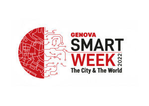 Logo dell’evento Genova Smart Week 2022 con grafica stilizzata della città e circuiti digitali.