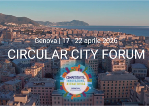 Veduta di Genova dall’alto con testo “Circular City Forum”.