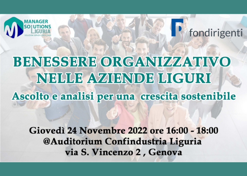Banner dell’evento “Benessere organizzativo nelle aziende liguri” su ascolto e analisi per la crescita sostenibile.