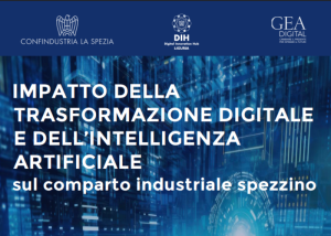 Locandina dell’evento sull’impatto della trasformazione digitale e dell’intelligenza artificiale sul settore industriale spezzino.