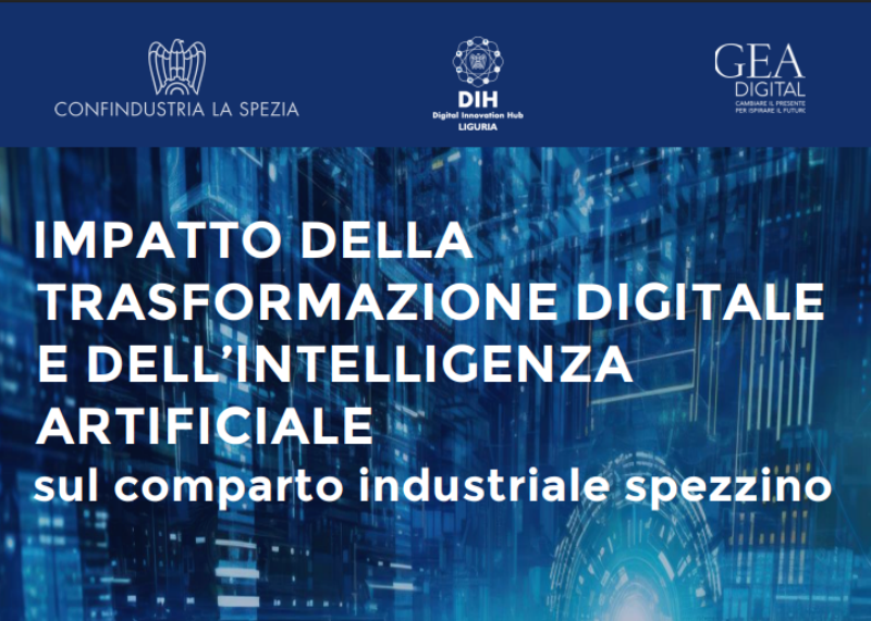 Locandina dell’evento sull’impatto della trasformazione digitale e dell’intelligenza artificiale sul settore industriale spezzino.