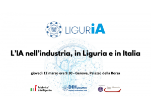 Locandina “LigurIA” che annuncia un evento (12 marzo, Genova) sull'Intelligenza Artificiale nell'industria