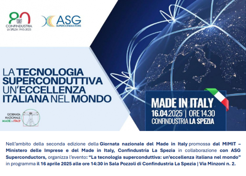 Locandina dell’evento sulla tecnologia superconduttiva Made in Italy (16 aprile 2025, La Spezia) dedicato all’eccellenza italiana nel mondo.