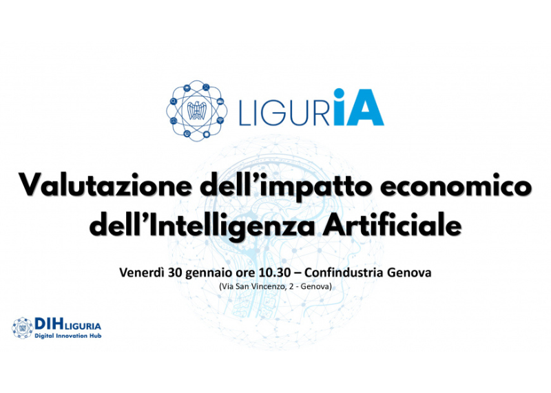 Locandina “LigurIA” che annuncia un evento (30 gennaio, Genova) sull'impatto economico dell'Intelligenza Artificiale