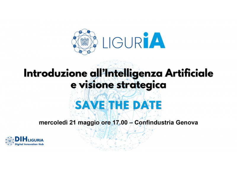 Locandina “LigurIA” che annuncia un evento (21 maggio, Genova) sull’intelligenza artificiale per le imprese.