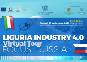 Locandina dell’evento “Liguria Industry 4.0 Virtual Tour – Focus Russia”, organizzato da Confindustria Liguria, con grafica tecnologica e riferimenti alle bandiere italiana e russa.