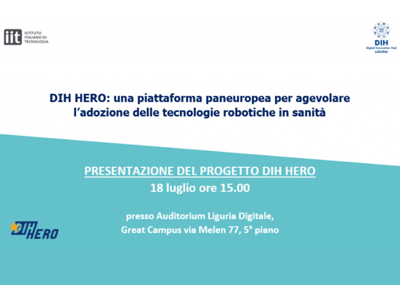 Locandina di presentazione del progetto “DIH HERO” in ambito sanitario, con testo informativo e loghi istituzionali.