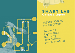 Locandina dell’evento Smart Lab Casarza Ligure per la presentazione del progetto sull’innovazione e l’automazione industriale (28 luglio 2023).