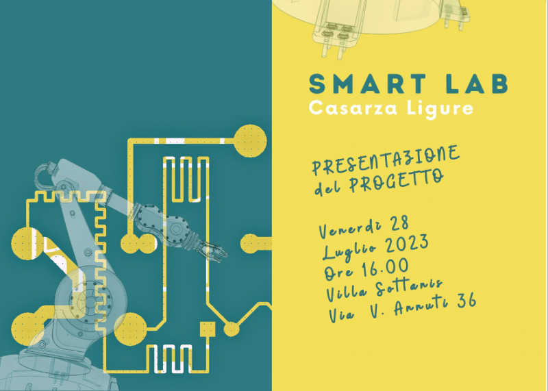Locandina dell’evento Smart Lab Casarza Ligure per la presentazione del progetto sull’innovazione e l’automazione industriale (28 luglio 2023).