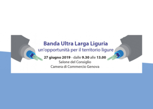 Locandina dell’evento “Banda Ultra Larga Liguria”, con testo informativo e grafica